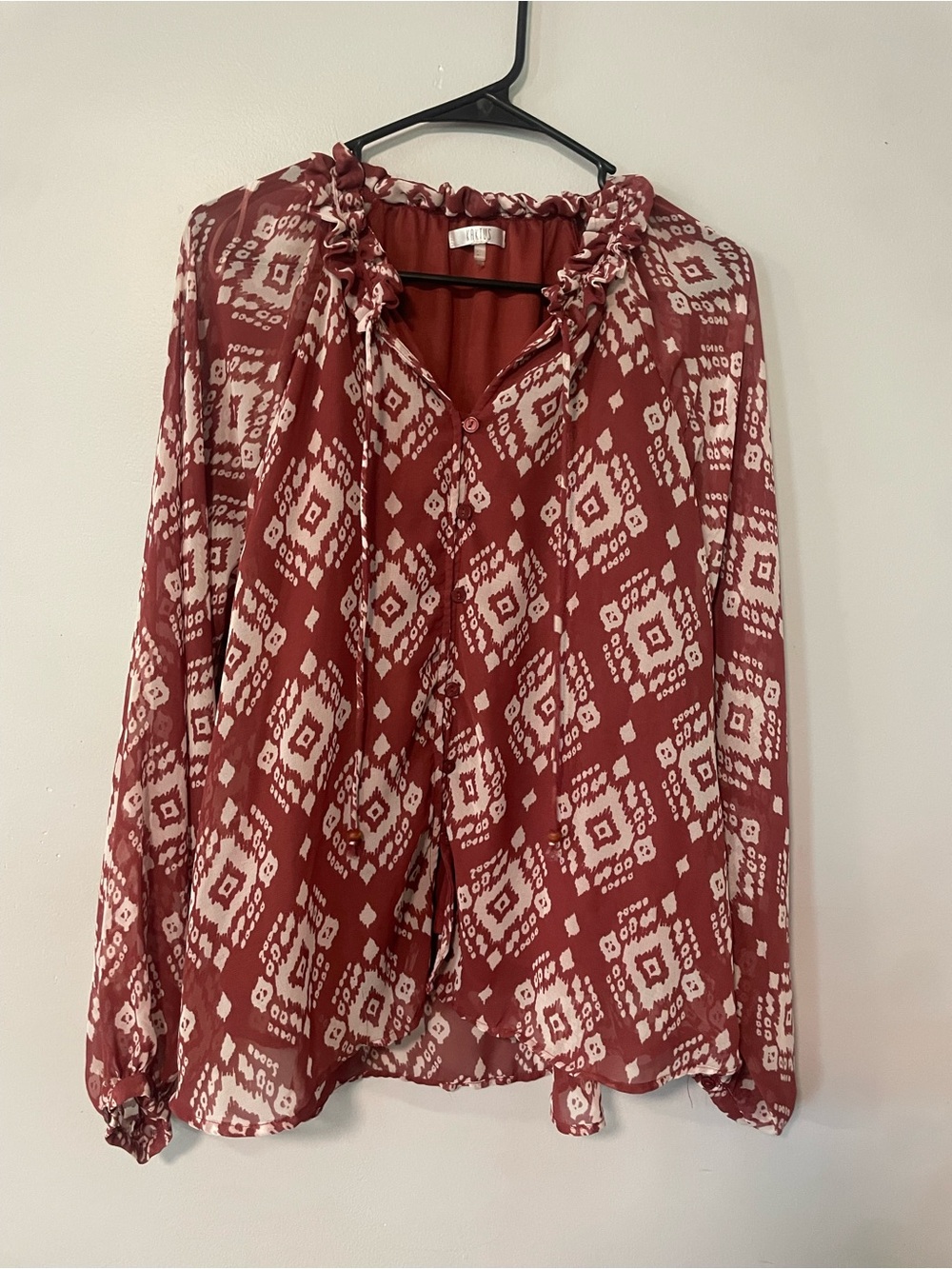 Kaktus Rust Red Ikat-Print Ruffle Tie-Neck Blouse